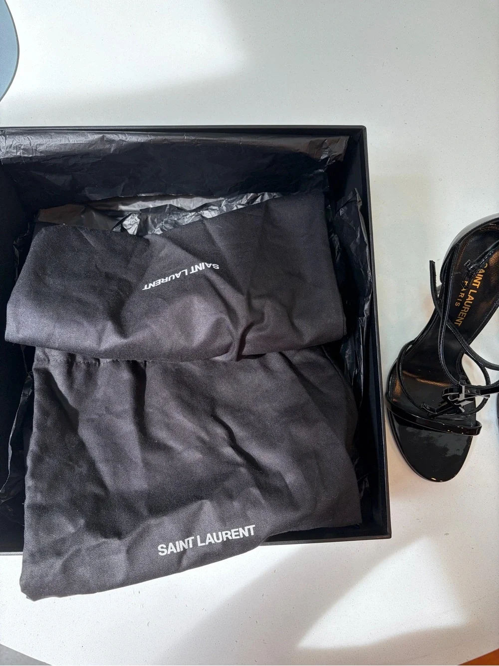 Saint Laurent Cassandra Black Patent Leather Logo T-Strap Stiletto Sandals - Picture 9 of 13
